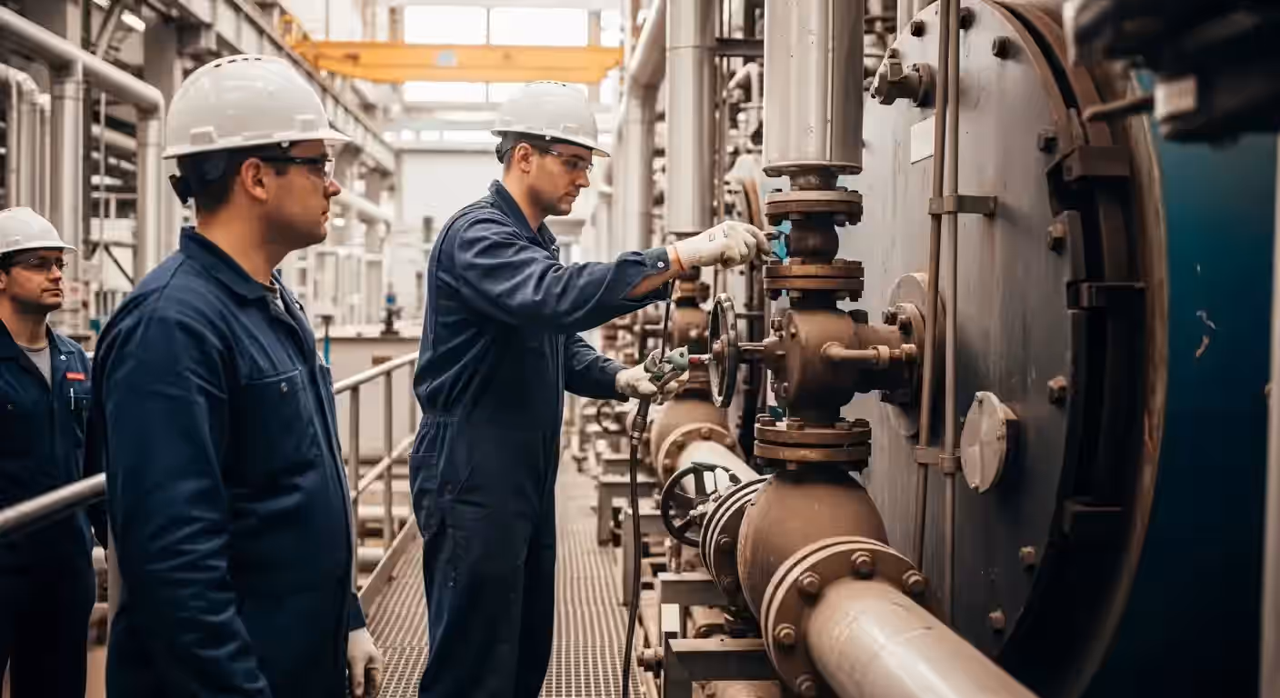 Engenheiro da INTECHK inspecionando uma caldeira flamotubular, demonstrando o processo de Adequação de Caldeiras Flamotubulares NR-13.