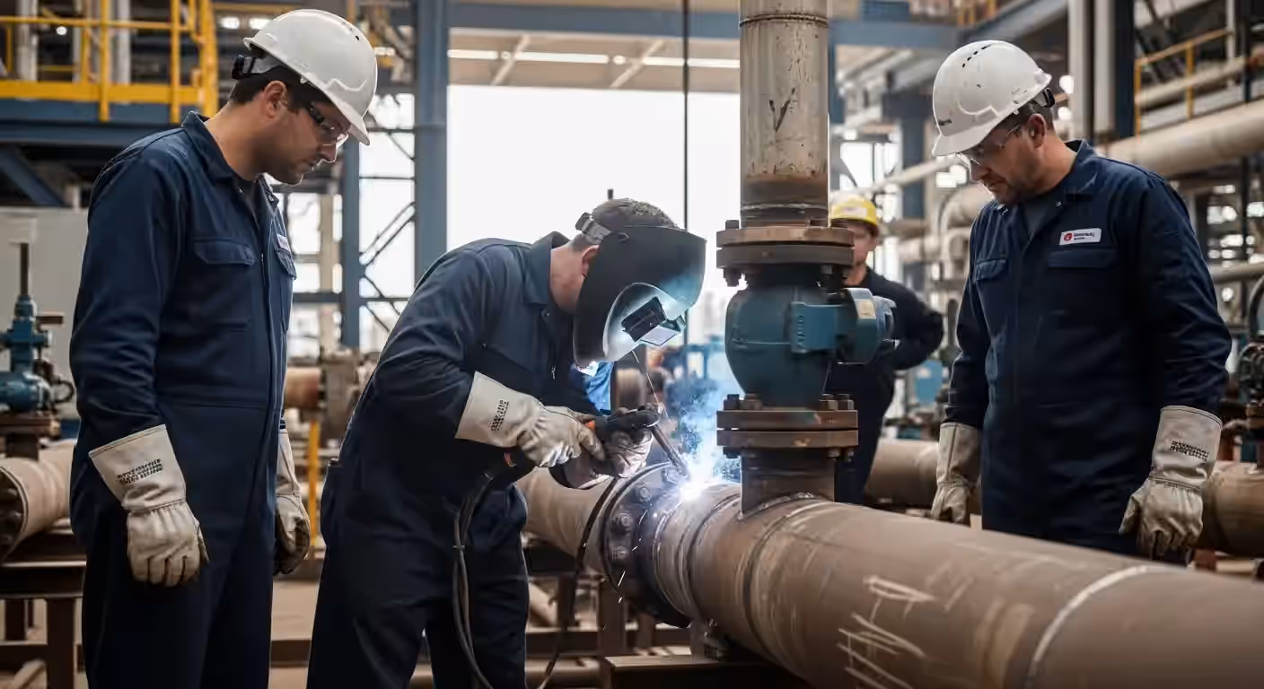 Certificação soldadores AWS/ASME: soldador executando teste prático posição 6G tubulação P91 ASME Section IX.