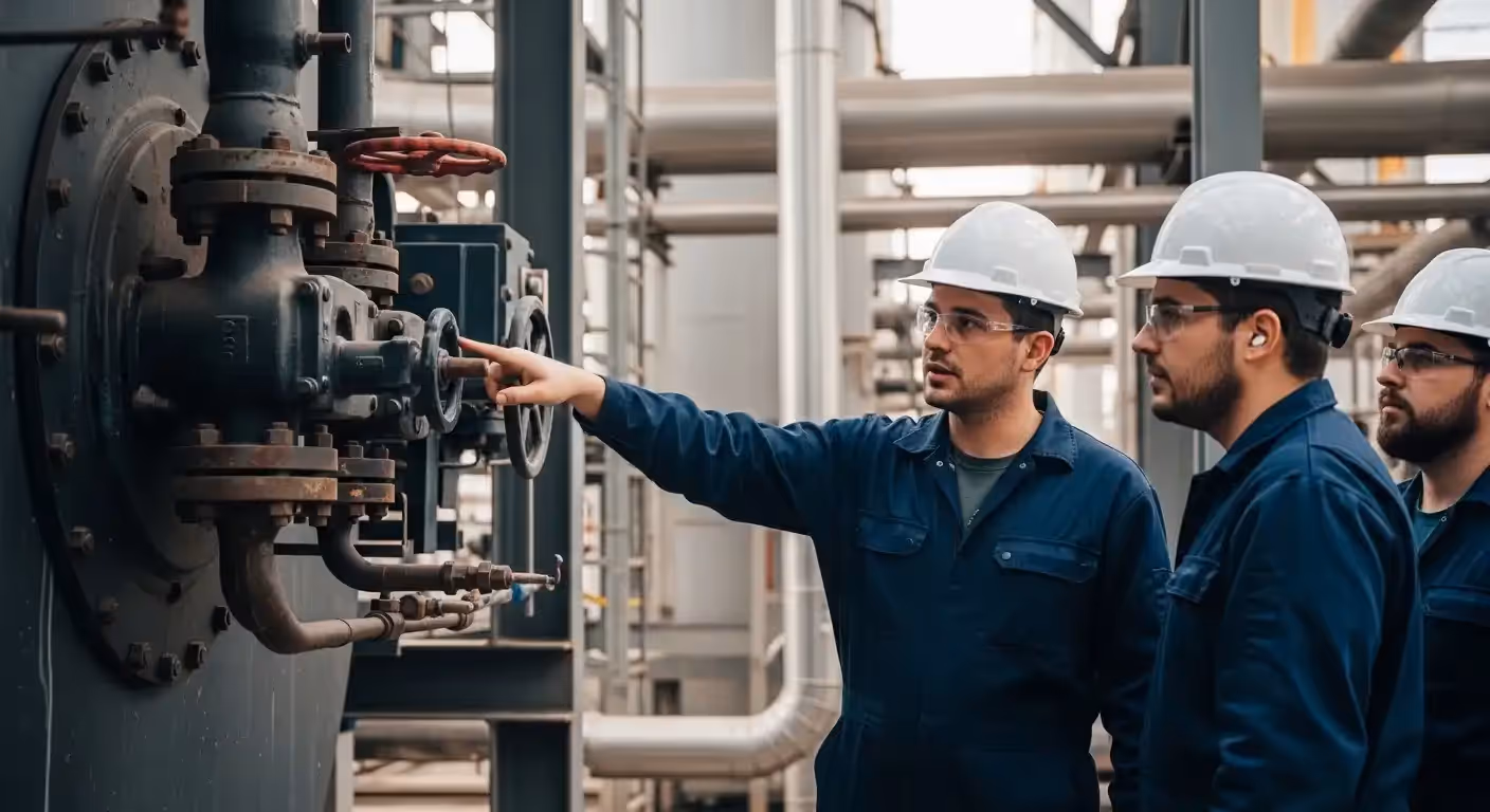 Consultoria NR-13 em execução com engenheiro habilitado avaliando documentação técnica de vaso de pressão industrial