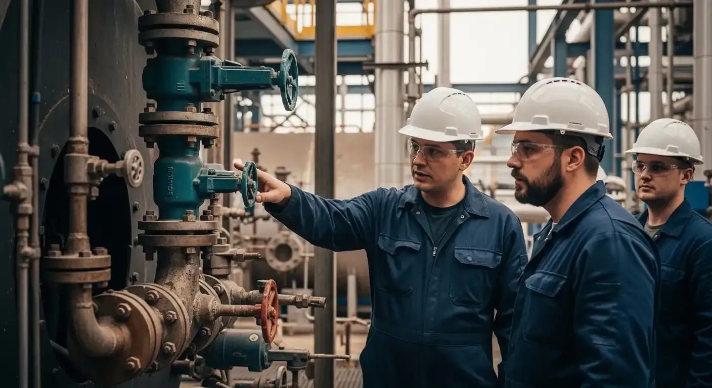 Operador de caldeira realizando inspeção visual em painel de controle, aplicando conhecimentos para garantir a segurança.