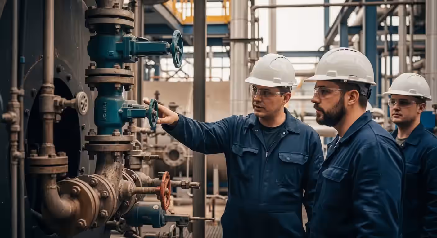 Profissional INTECHK inspecionando painel de caldeira em treinamento de operador NR-13, garantindo segurança e conformidade técnica.