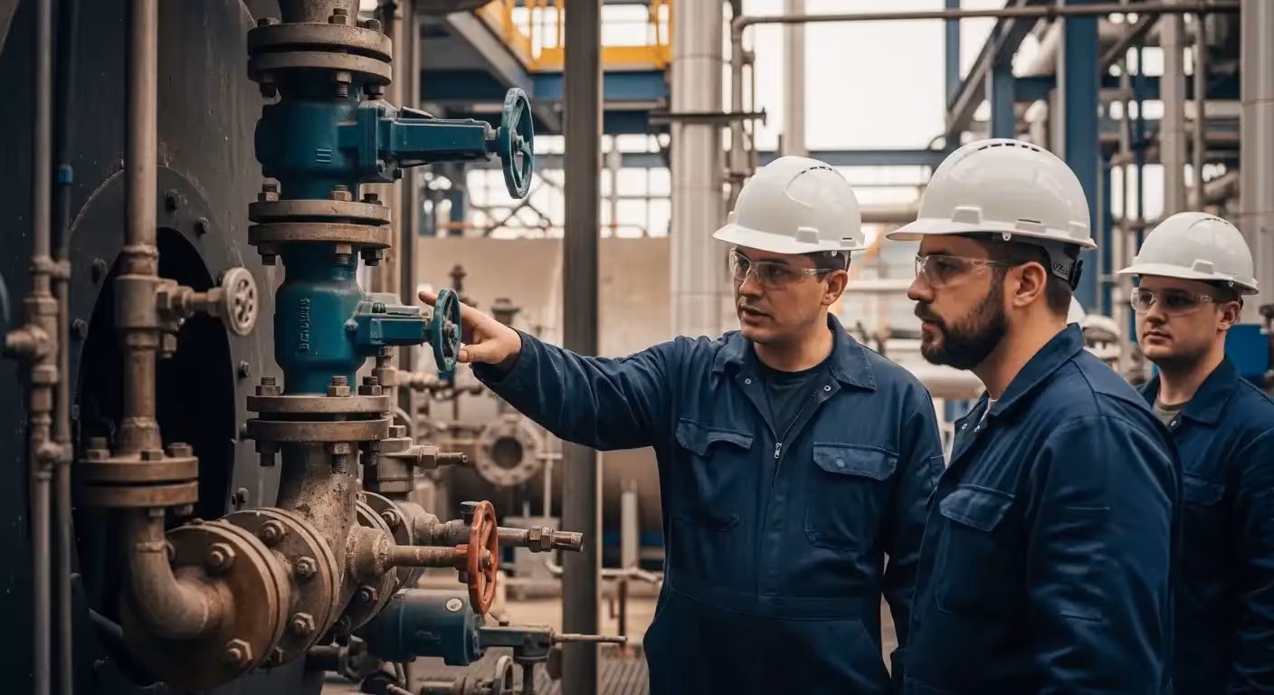 Operador de caldeira realizando inspeção visual em painel de controle, aplicando conhecimentos para garantir a segurança.