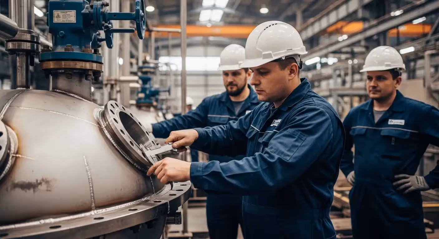 Profissional da INTECHK utilizando equipamentos de medição de alta precisão para inspecionar a fabricação de um componente complexo.