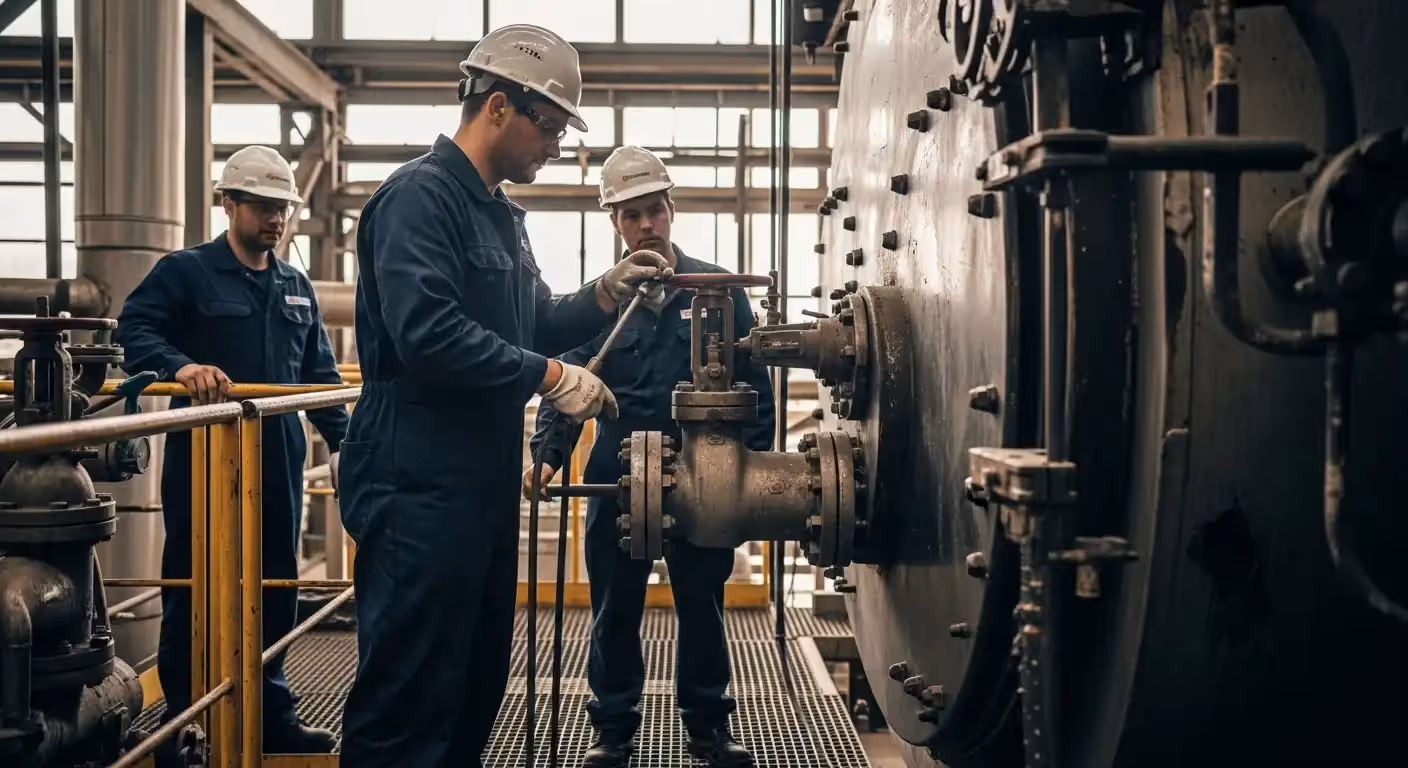 Técnico da INTECHK realizando medições e verificações em componentes de uma caldeira a vapor, evidenciando a precisão na inspeção especializada.