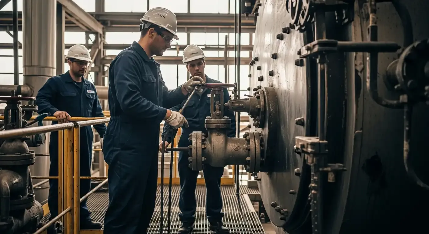 Técnico da INTECHK realizando medições e verificações em componentes de uma caldeira a vapor, evidenciando a precisão na inspeção especializada.