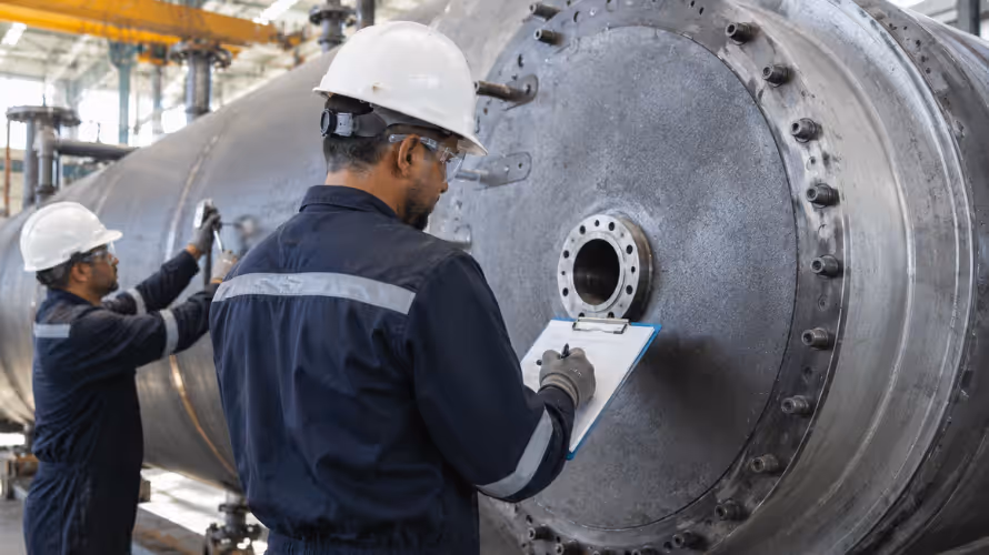 Equipe da INTECHK em inspeção de equipamentos industriais com foco em NR-13 e conformidade em planta
