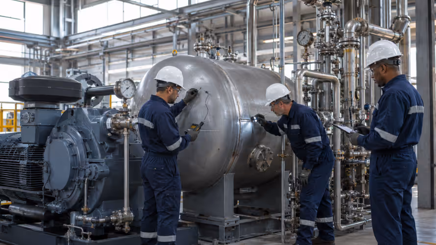 Inspeção compressor de ar comprimido com ultrassom e conformidade NR-13 na casa de compressores industrial