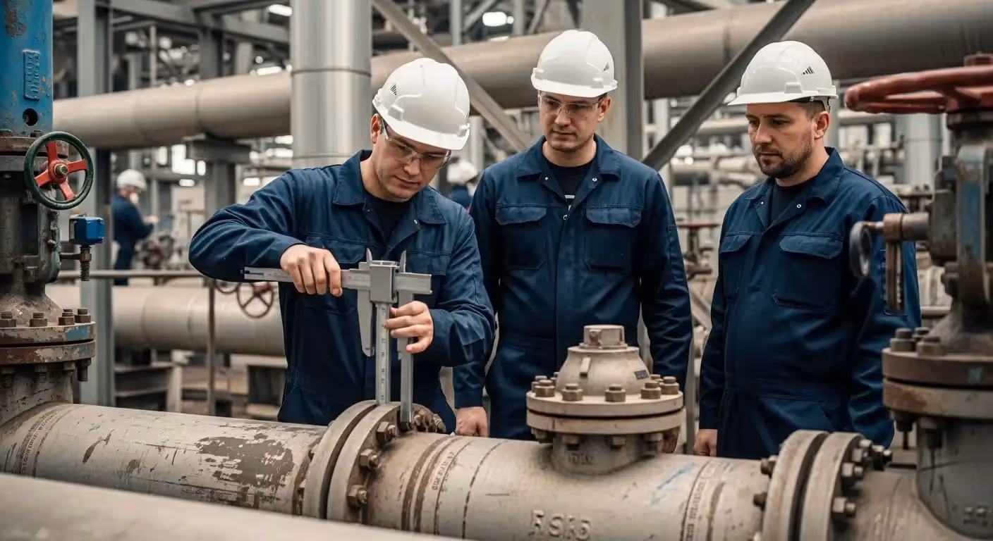 Profissional da INTECHK utilizando equipamento de ultrassom para medição de espessura em um duto industrial, detalhe da inspeção de dutos NR-13.