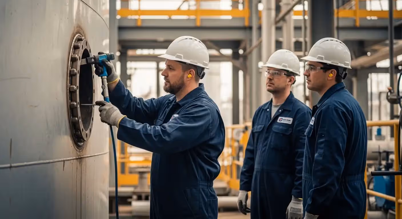 Profissional da INTECHK utilizando equipamento de ultrassom para medição de espessura em um tanque de armazenamento industrial.