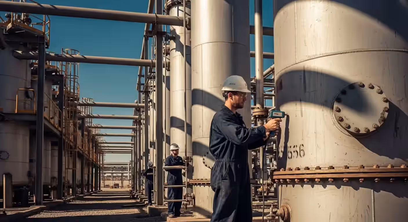 Engenheiro da INTECHK realizando inspeção em um tanque industrial, destacando a importância da Inspeção de Tanques NR-13.