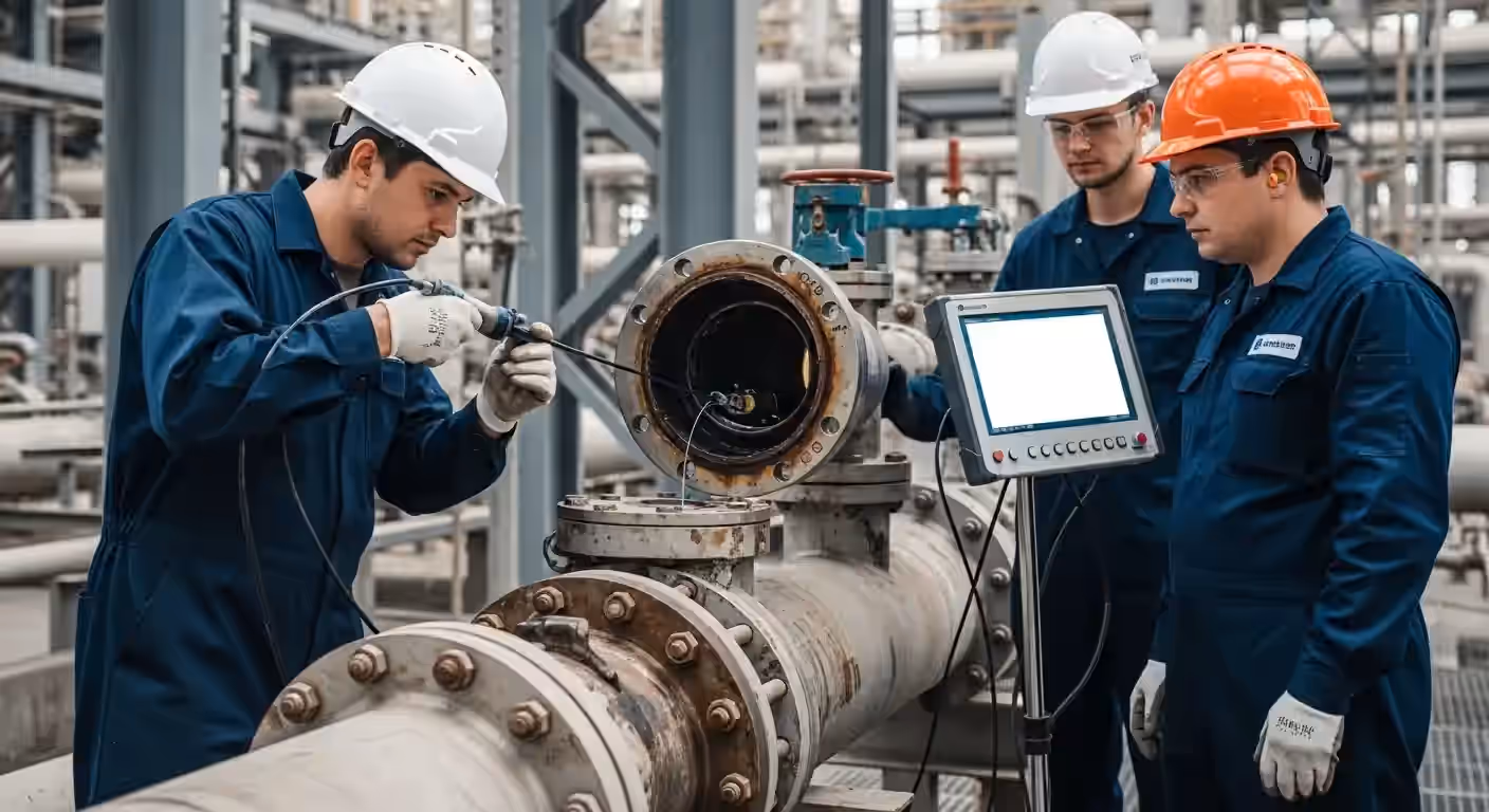 Inspeção de Tubulação Industrial em complexo petroquímico, utilizando técnicas avançadas para detecção de falhas.