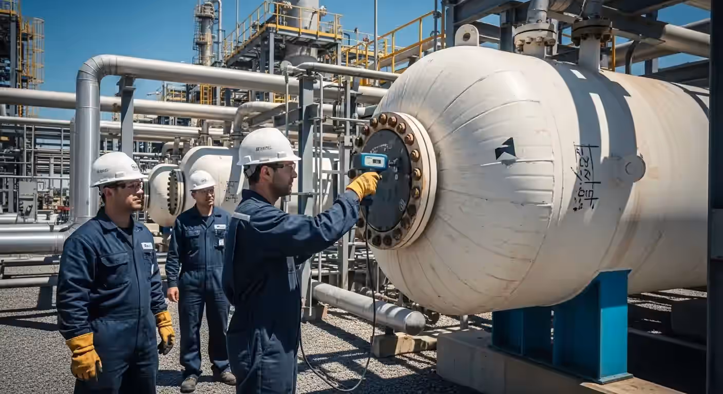 Engenheiro da INTECHK realizando inspeção em um vaso de pressão industrial, destacando a importância da inspeção de segurança NR-13.
