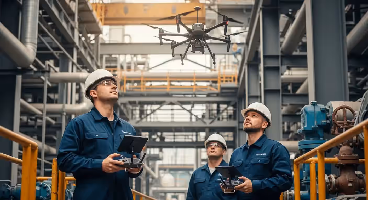 Inspeção Industrial com Drone utilizando sensores térmicos para mapeamento de calor em torres industriais de alta periculosidade.
