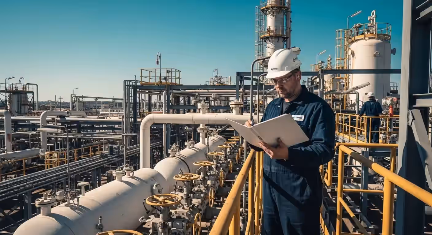 Engenheiro da INTECHK analisando um laudo técnico de vaso de pressão, destacando a importância da documentação para a segurança industrial.
