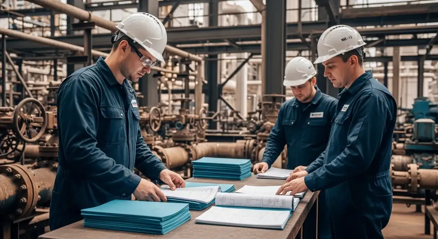 Livro de Registro de Segurança NR-13 sendo preenchido por engenheiro, documentando inspeções e manutenções de equipamentos industriais.