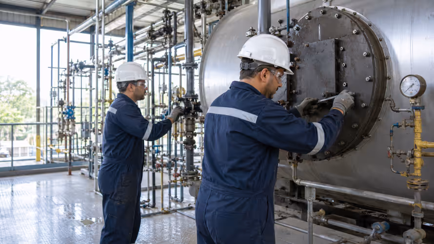 Profissional da INTECHK realizando a manutenção de caldeiras industriais com foco na segurança e conformidade NR-13 em planta