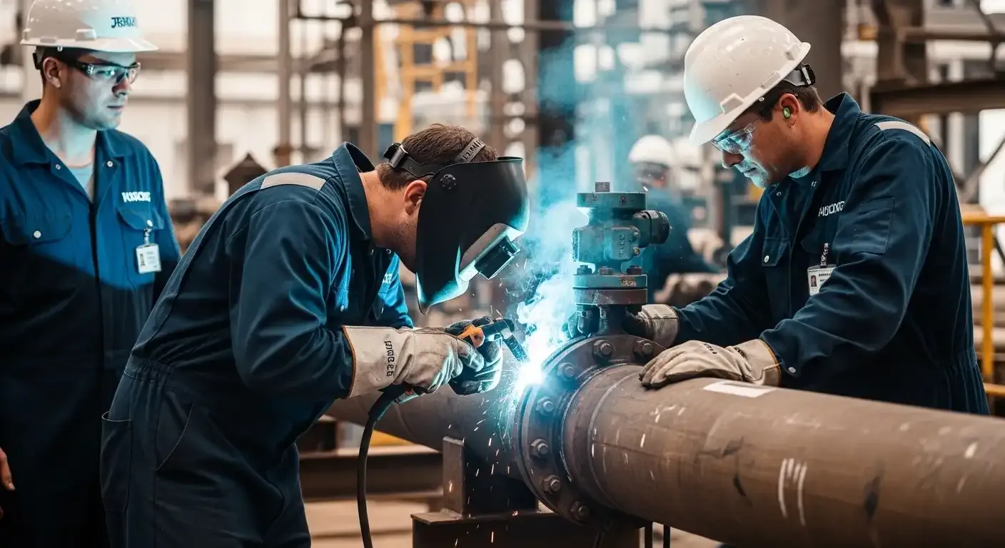 Qualificação de Procedimento de Soldagem (EPS) em ambiente industrial controlado para máxima precisão técnica.