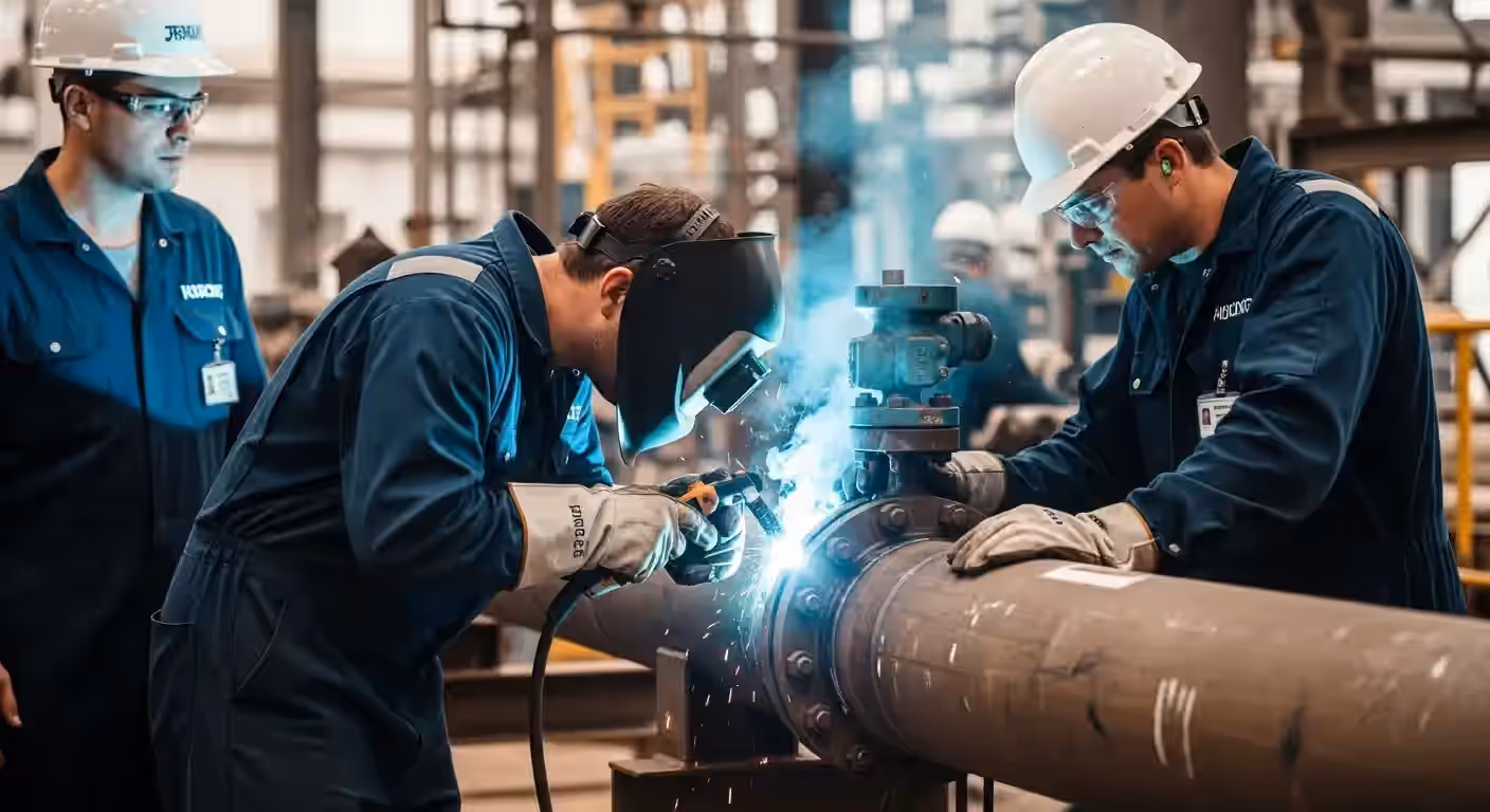 Qualificação de Procedimento de Soldagem (EPS) em ambiente industrial controlado para máxima precisão técnica.